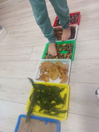 Dzieci ćwiczą na ścieżce sensorycznej